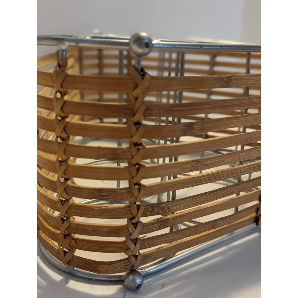 Wine Rack Wicker Bamboo Ratan Metal W/Handle Boho Modern Hippie Natural Earthy